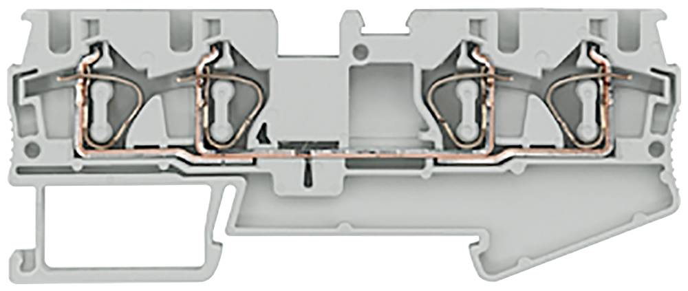 Elektrische Klemmschiene in grauer Farbe mit zwei Kupferleitern und Schraubverbindungen, verwendet zur Verdrahtung elektrischer Schaltkreise.