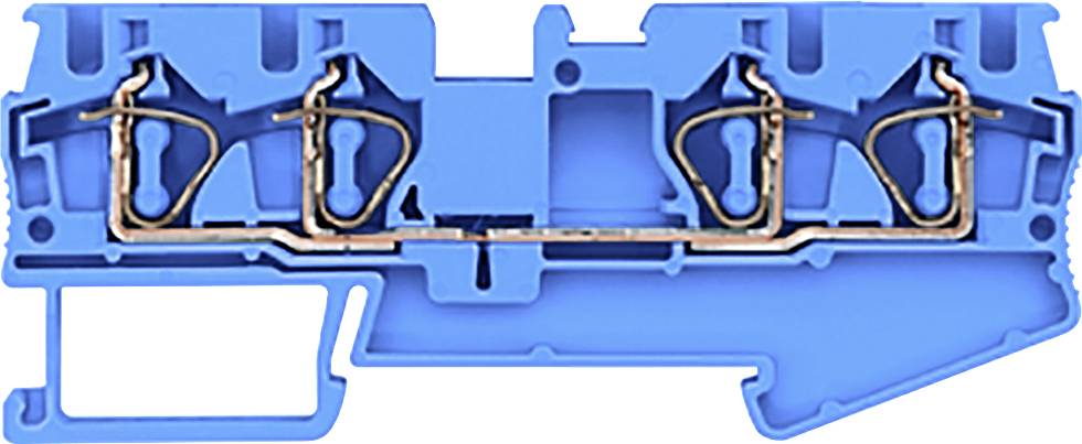 Ein blauer elektrischer Reihenklemmenblock mit Metallkontakten, der in elektrische Schaltschränke zur Verdrahtung verwendet wird.