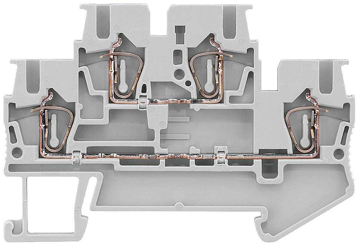 Graues Leiterplattengehäuse mit eingebauten Kupferanschlüssen, symmetrisches Design. Hauptsächlich für elektrische Verbindungen verwendet.