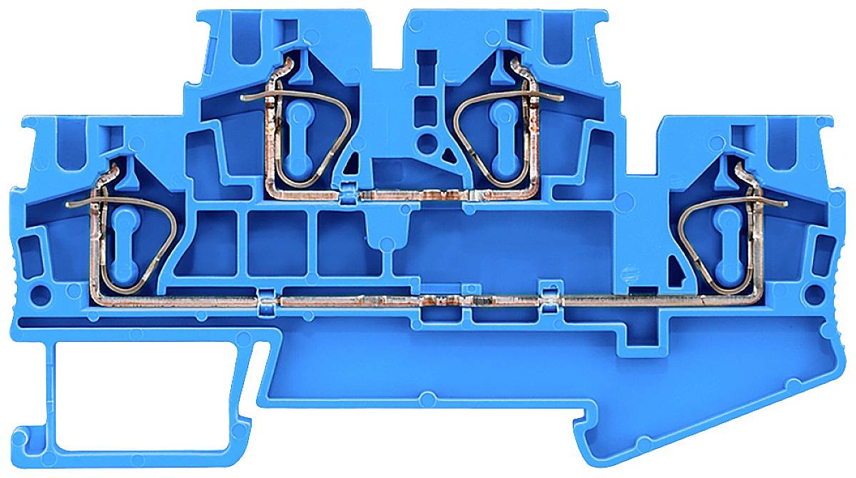Blaue Klemmenleiste mit Metallverbindungen und -klemmen, typische Elektroinstallationskomponente zur Kabelverbindung.