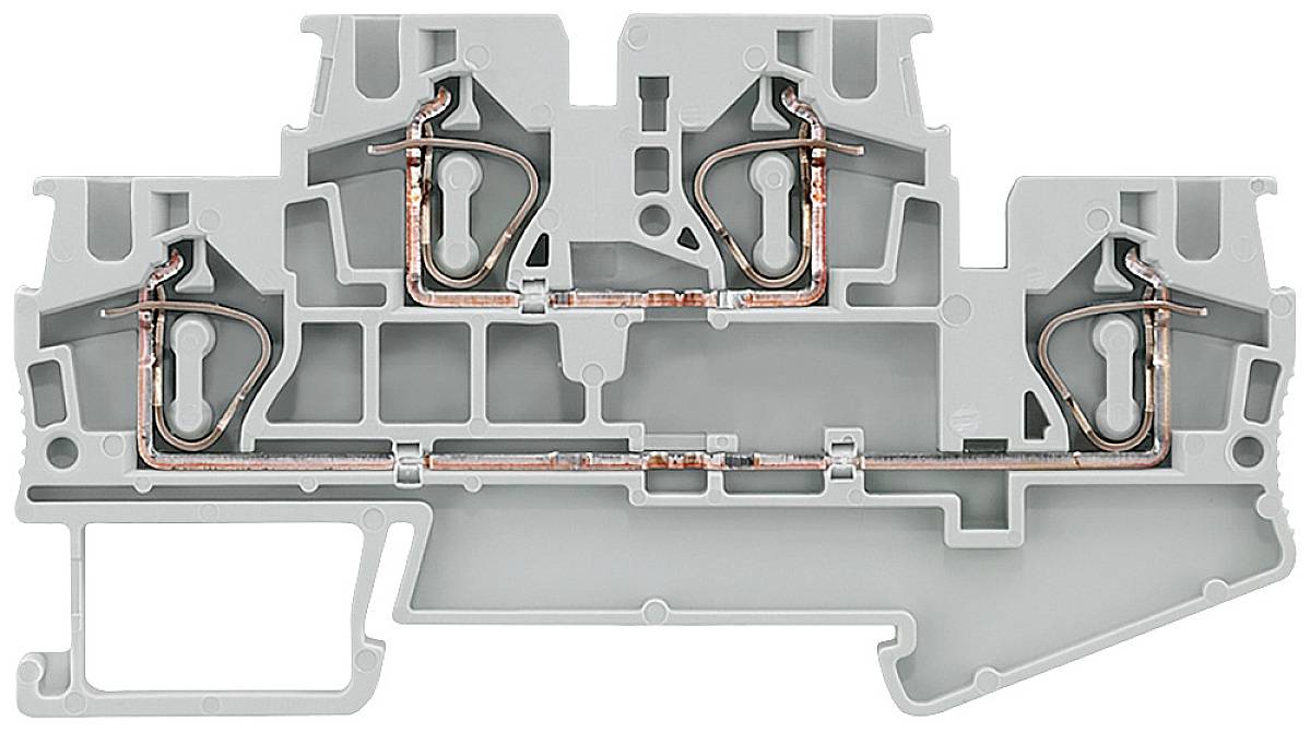 Graue elektrische Reihenklemme mit internen Kupferverbindungen und Schraubanschlüssen, gezeigt in einem Querschnitt.