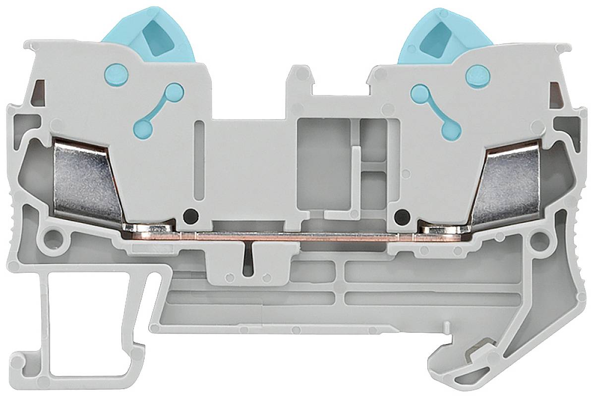 Graues elektrisches Klemmengehäuse mit blauen Schraubverschlüssen. Enthält Metallkontakte zur Befestigung elektrischer Leitungen.