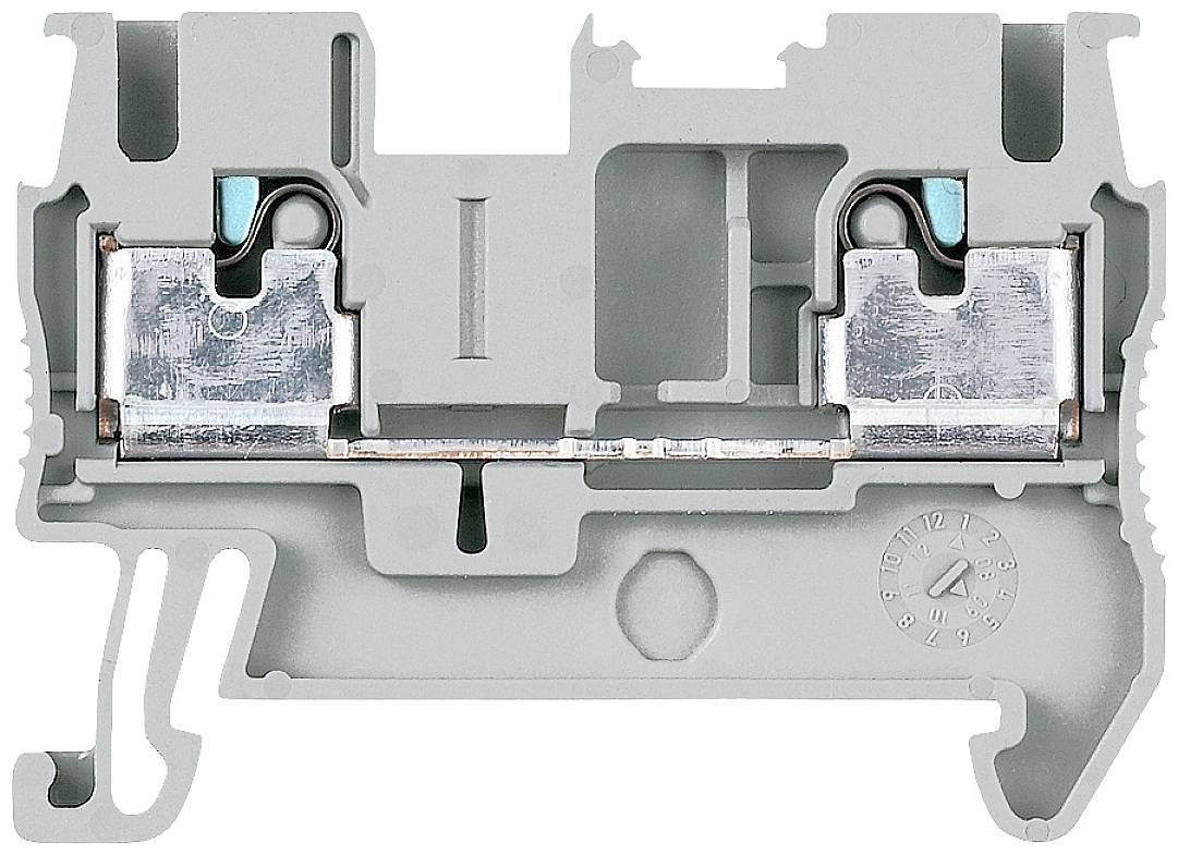 Graue elektrische Klemmleiste mit zwei Metallkontakten und blauen Elementen. Das Design ermöglicht den Einsatz in elektrischen Schaltungen.