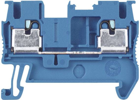 Ein blauer elektrischer Steckverbinder mit zwei silbernen Klemmen und einem Trennschalter in der Mitte, in einem Querschnitt dargestellt.