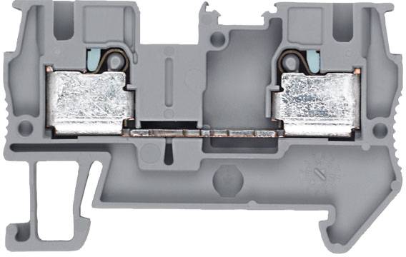 Ein grauer elektrischer Klemmenblock mit Metallelementen, zur Verdrahtung und Reihenschaltung elektrischer Schaltkreise.