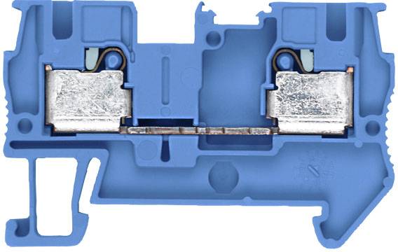 Blauer elektrischer Anschlussblock mit zwei eingebauten Metallkontakten. Geeignet für die Verbindung von elektrischen Leitungen.