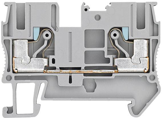 Ein Querschnitt eines elektrischen Reihenklemmenblocks mit innenliegenden Metallkontakten und markierten Anschlussstellen.
