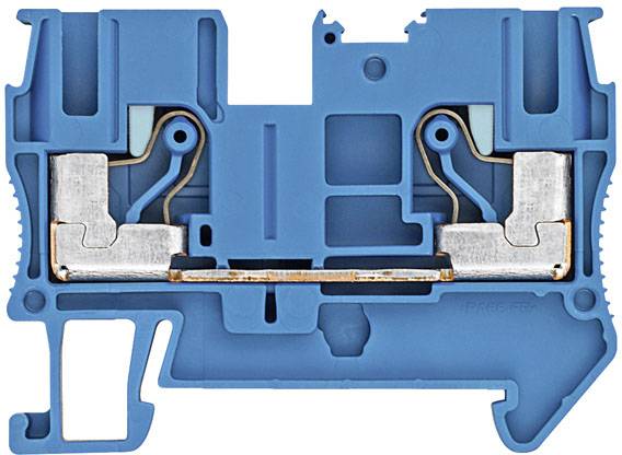 Querschnitt eines blauen elektrischen Klemmenblocks zeigt den internen Aufbau und Kontaktpunkte zur sicheren Kabelverbindung.