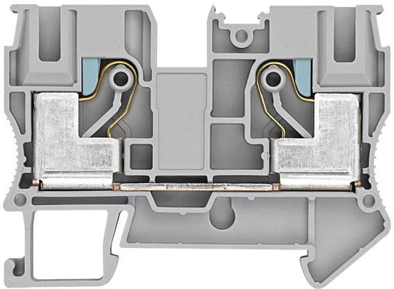 Graues technisches Bauteil mit metallischen Verbindungen und komplexer Struktur, vermutlich Teil eines elektrischen Anschlusses.