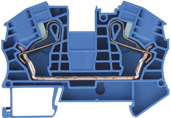 Ein blauer, technischer Schnitt eines Bauelements mit eingebauten Metallleitungen, wahrscheinlich für elektrische oder hydraulische Systeme.