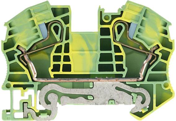 Ein grüner und gelber Reihenklemmenstecker mit Metallelementen, der zur elektrischen Verdrahtung in Schaltschränken verwendet wird.