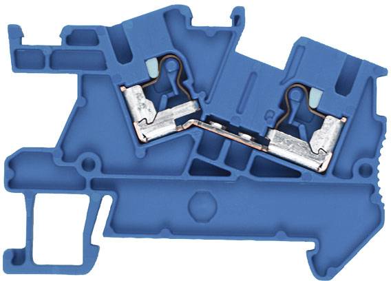 Querschnitt einer blauen elektrischen Klemme zeigt interne Kontakte und Leitungsführung.