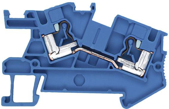 Ein blauer Querschnitt eines elektrischen Steckverbinders mit sichtbaren Metallteilen, die den internen Schaltkreis zeigen.
