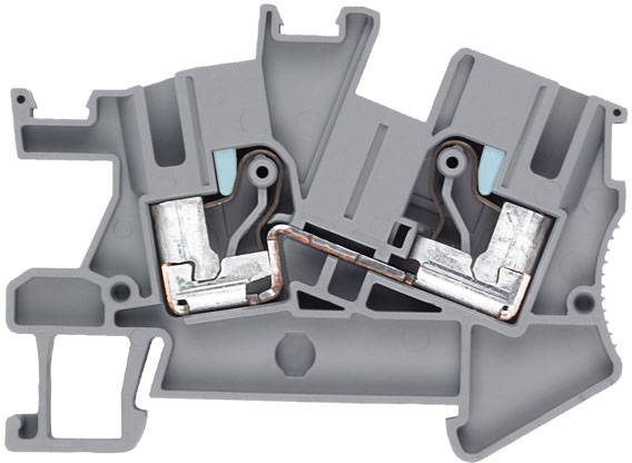Ein Querschnitt eines grauen Elektroklemmengehäuses mit sichtbaren Metallverbindungen, zeigt Innenaufbau und Leitungsverbindungen.