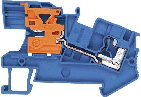 Blaues und oranges Kunststoffteilsystem mit Metallkomponente, möglicherweise Teil eines technischen oder mechanischen Geräts.