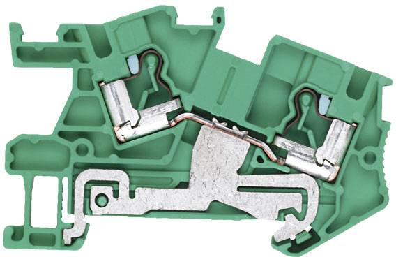 Querschnittsdarstellung eines grünen elektrischen Klemmenblocks, zeigt interne Metallverbindungen und Schaltmechanismen.