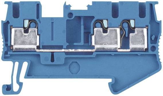 Ein blauer, zweipoliger elektrischer Sicherungsträger zeigt die interne Metallkonstruktion zur Verbindung elektrischer Leiter.