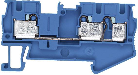Ein blauer elektrischer Klemmblock mit Metallkontakten und Verbindungen, offen dargestellt zur Veranschaulichung des Innenaufbaus.