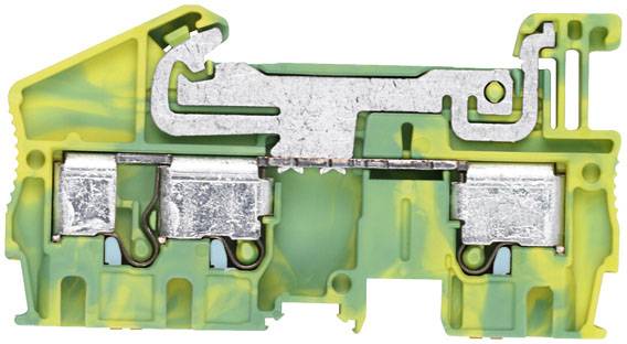 Ein grüner und gelber elektrischer Klemmblock mit Metallverbindungen, verwendet zum Verbinden von elektrischen Leitungen in Schaltschränken.