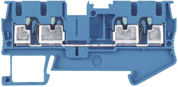 Ein blauer elektrischer Klemmverbinder mit zwei Leitungsanschlüssen und Metallkontakten, verwendet zur sicheren Verdrahtung in Schaltanlagen.