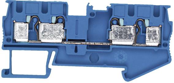 Querschnitt eines blauen Elektronikbauteils mit metallischen Kontakten und Leiterbahnen innerhalb eines Gehäuses.