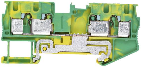 Ein grüner, gelb-gesprenkelter Klemmenblock im Querschnitt zeigt metallische Verbindungen und interne Struktur für elektrische Schaltungen.