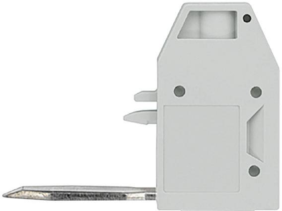 Ein grauer, industrieller Plastikclip mit einem Metallhebel an der Unterseite, verwendet für mechanische Befestigungen.