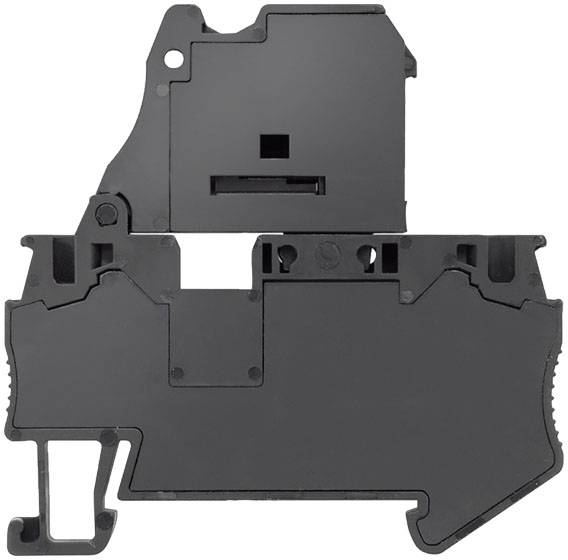 Schwarzes, rechteckiges Gehäuse mit mechanischen Teilen, möglicherweise ein Teil eines elektrischen Gerätes, vor weißem Hintergrund.