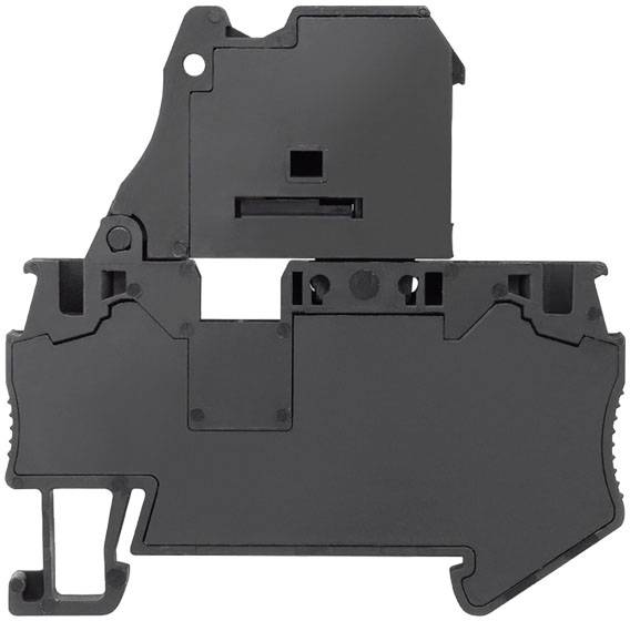 Ein schwarzer modularer Anschlussblock, wahrscheinlich für elektrische Anwendungen, zeigt designierte Steckplätze und Montagehaken.