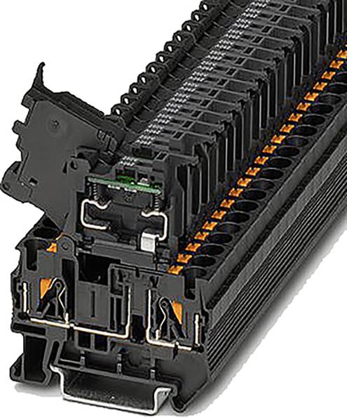 Ein schwarzer elektrischer Steckverbinder mit mehreren Anschlussklemmen, Klappen und Interfacemodul verwendet für Schalttafeln.