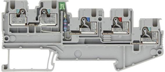 Querschnitt einer elektrischen Klemme mit verschiedenen farbigen Anschlüssen und einem Widerstand, auf grauem Kunststoffgehäuse montiert.