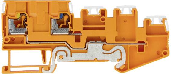 Oranger Klemmenanschluss in Querschnittsansicht, zeigt interne Metallverbindungen und Kunststoffgehäuse. Veranschaulicht elektrische Verdrahtung.