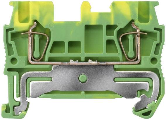 Grün-gelbe Klemmschiene mit Metallkomponenten, verwendet zur elektrischen Verbindung und Sicherung von Drahtleitungen.