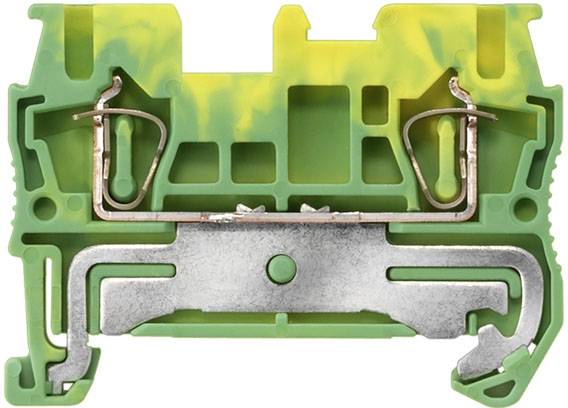 Grüner und gelber elektrischer Klemmenblock mit Metallverbindungen, zur Befestigung und Leitung von Kabeln in Schalttafeln verwendet.