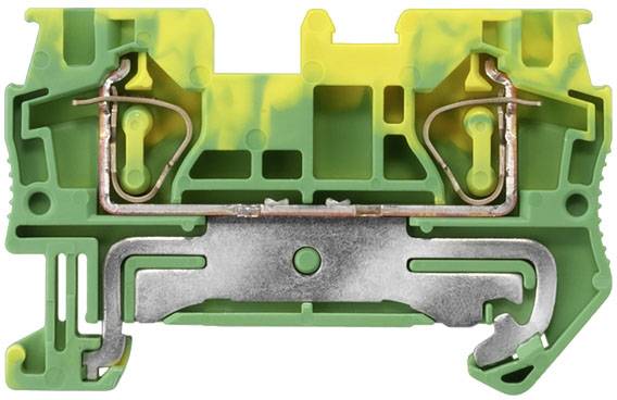 Klemme mit grün-gelber Isolation, Metall-Befestigungselementen und Drahtanschlüssen.