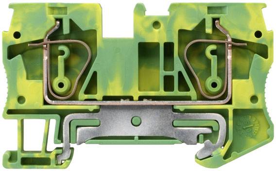 Darstellung eines grünen Klemmenblocks. Innen sind metallische Verbindungen sichtbar, die elektrische Leitungen verbinden.