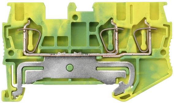 Gelb-grüner Reihenklemmenblock mit Metallelementen für elektrische Verdrahtung. Verwendet in Schaltschrankinstallationen.