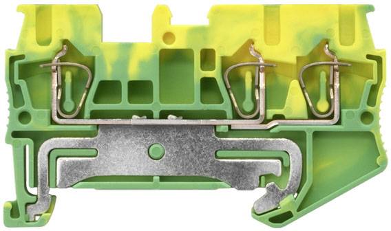 Querschnitt eines grünen und gelben Reihenklemmers mit Metallverbindungen zur elektrischen Verdrahtung und Sicherung.