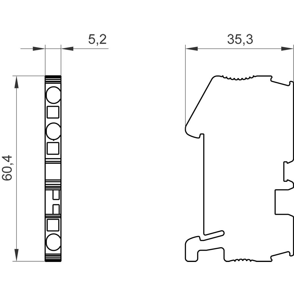 Technische Zeichnung eines Profils mit Maßen. Links: Höhe 60,4 mm, Breite 5,2 mm. Rechts: Breite 35,3 mm.