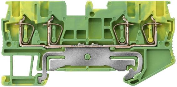 Ein zweireihiger, grün-gelber elektrischer Klemmenblock mit Metallkontakten, zur sicheren Verbindung von elektrischen Drähten.