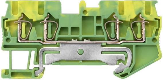 Grün-gelber Erdungsanschlussklemme mit metallischen Leitern und Klemmen, die für elektrische Erdungszwecke verwendet wird.