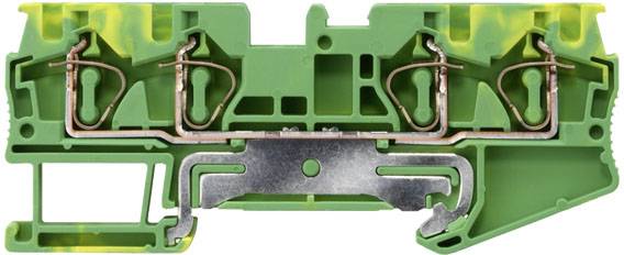 Grüne Reihenklemme mit Metallverbindungen, verwendet zur elektrischen Verdrahtung und Erdung.