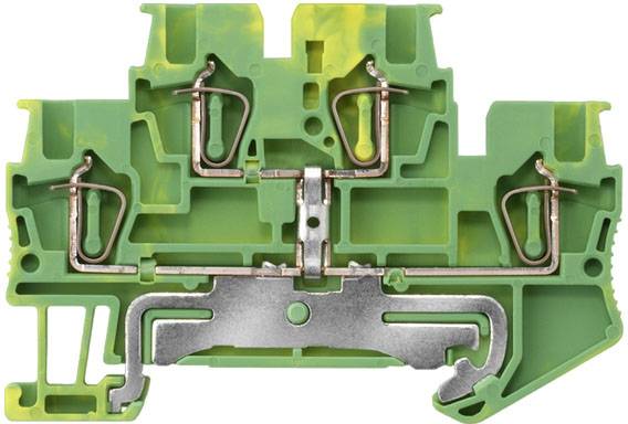 Ein grüner elektrischer Klemmenblock mit Metallkontakten, zur Verbindung elektrischer Leiter in einem Schaltschrank verwendet.