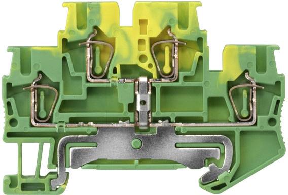 Grüner und gelber Leiteranschlussblock mit Metallklemmen, zur sicheren Verbindung mehrerer elektrischer Drähte in einem Verteilerkasten.