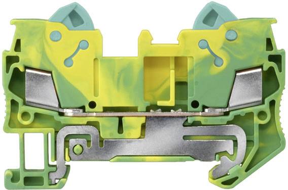 Querschnitt einer mehrfarbigen elektrischen Klemme. Hauptsächlich gelb mit grünen Akzenten. Zeigt Metallkontakte und Befestigungselemente.