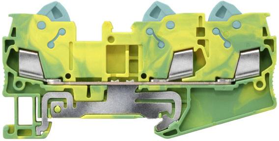 Zweifarbige, gelb-grüne elektrische Klemme mit Metallverbindungselementen, wird in der Elektroinstallation verwendet.