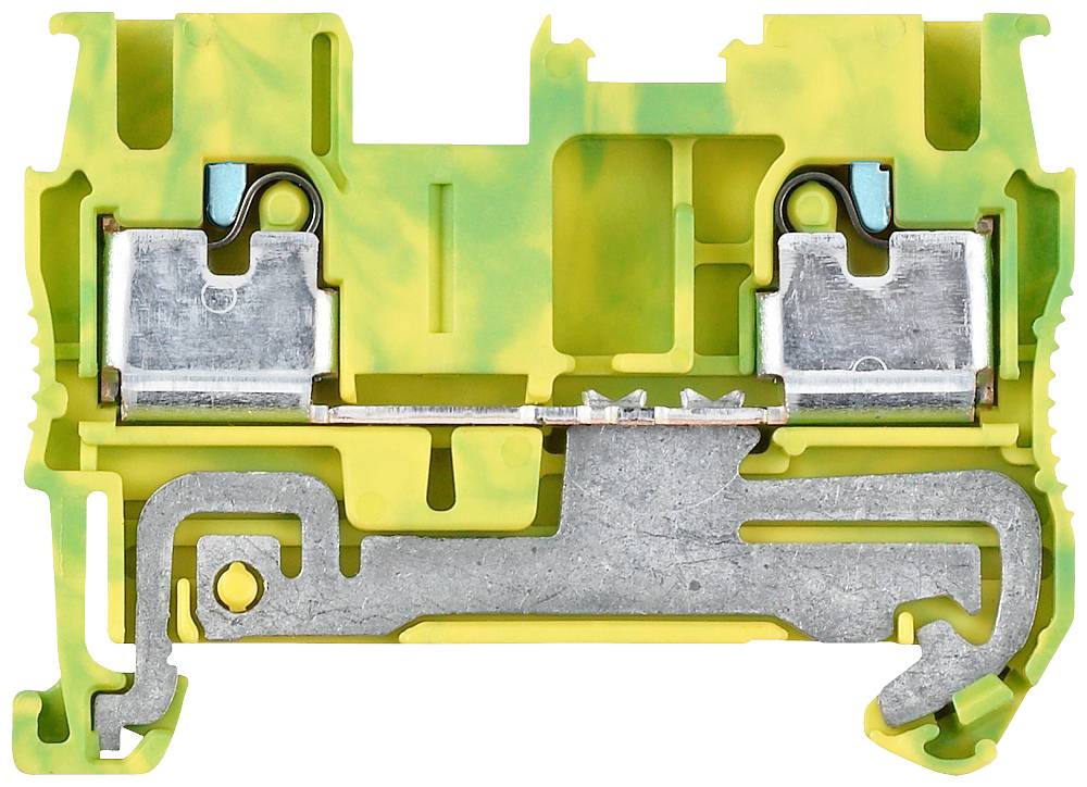 Schnittansicht eines gelb-grünen Reihenklemmengehäuses mit metallischen Leitern und Kontakten.