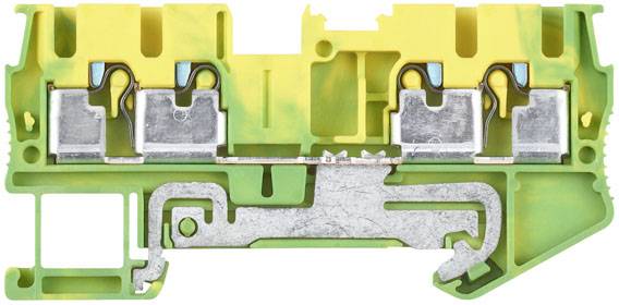 Ein grüner und gelber Steckverbinder mit zwei Metallklemmen. Er dient zur Verbindung und Sicherung elektrischer Leitungen.
