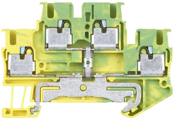 Querschnitt eines gelb-grünen Reihenklemmblocks mit Metallleitern in der Mitte. Veranschaulicht die interne Struktur und Verbindungspunkte.