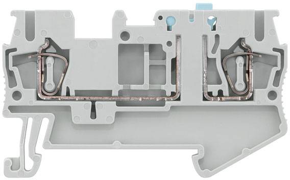 Ein grauer elektrischer Klemmenblock mit zwei Kupferleitern, der in Schaltschränken zur sicheren Verdrahtung verwendet wird.